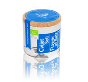 Solana Nin sea salt flower in a 130 g glass jar with a cork lid