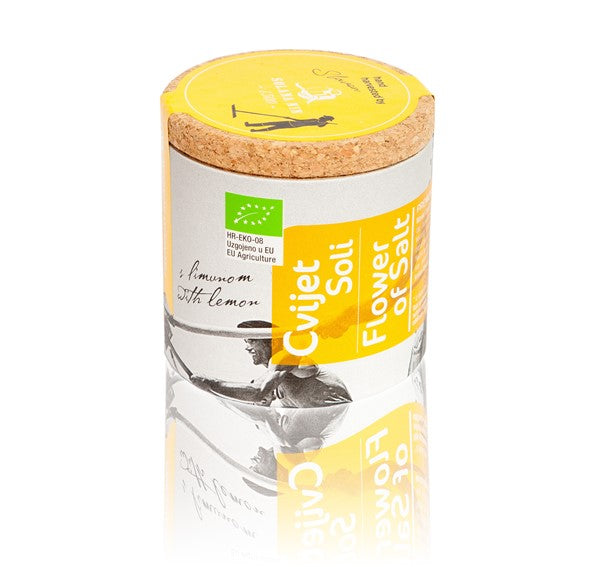 Solana Nin flower of salt with lemon in a 125 g glass jar with a cork lid